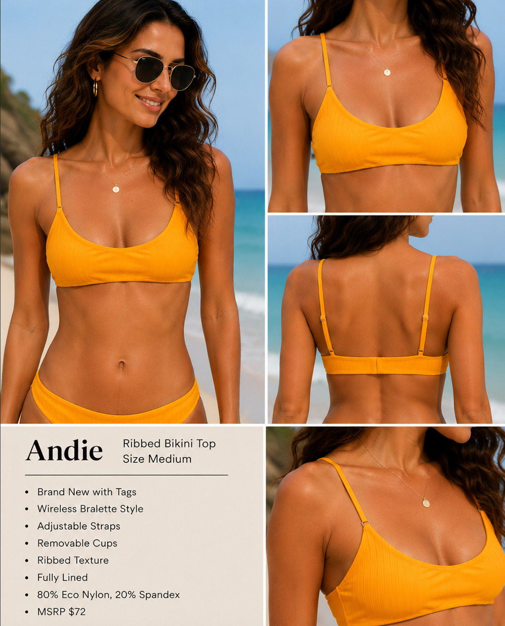 Andie The Maui Wide Rib Bikini Top Tangerine Wide Rib Adjustable Straps NWT Sz M